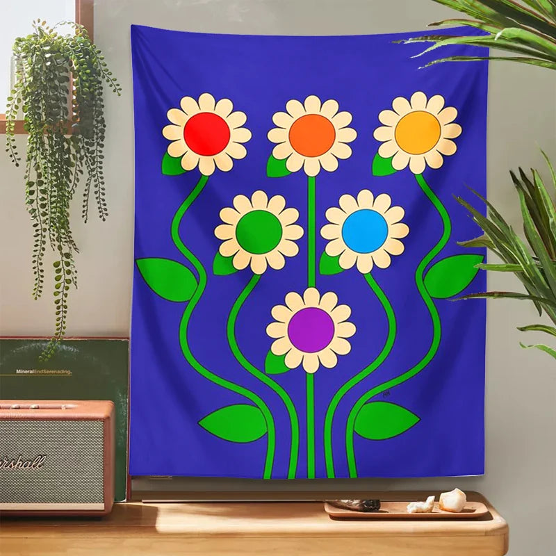 Afralia™ Blue Vintage Daisy Tapestry Wall Hanging Psychedelic Floral Home Decor Art