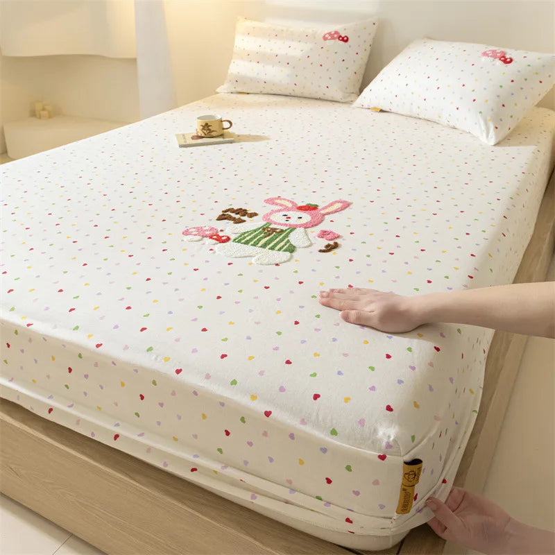 Afralia™ Cartoon Embroidered Fitted Sheet Single Bed Cover, 100% Cotton, All Seasons, Anti-Slip