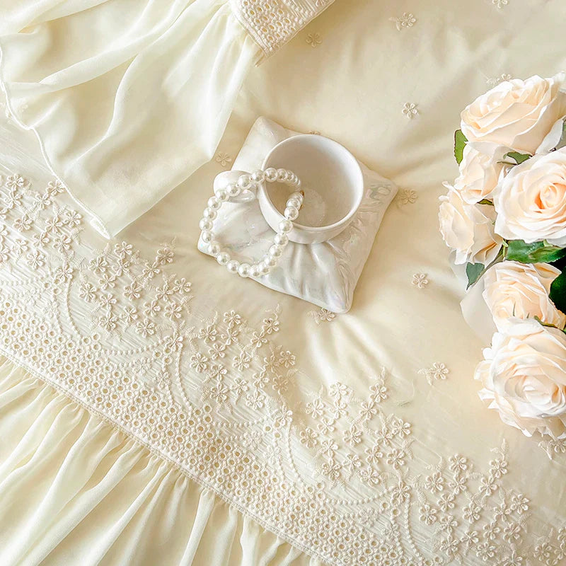 Afralia™ French Vintage Lace Ruffles Beige Cotton Princess Wedding Bedding Set