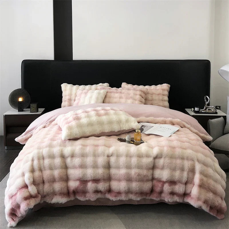 Afralia™ Faux Rabbit Fur Velvet Bedding Set, Plush Duvet Cover, Sheet, Pillowcases, Gradient Color