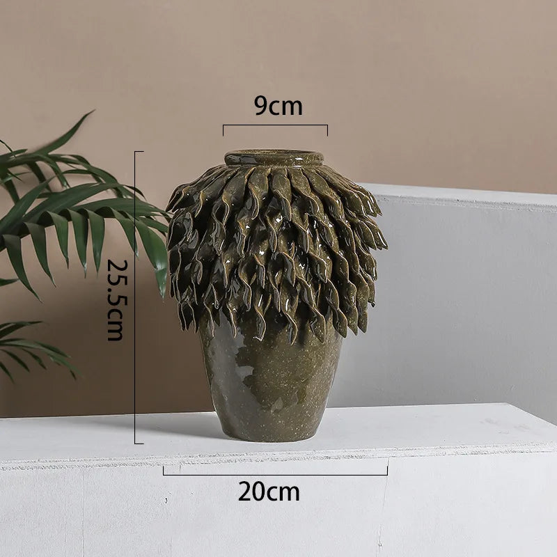 Afralia™ Leaf Relief Ceramic Vase: Hand-made 3D Floral Arrangement Pot