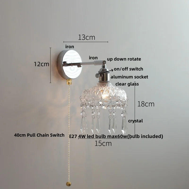 Afralia™ Crystal Iron LED Wall Light Modern Bedside Lamp Clear Glass Wandlamp