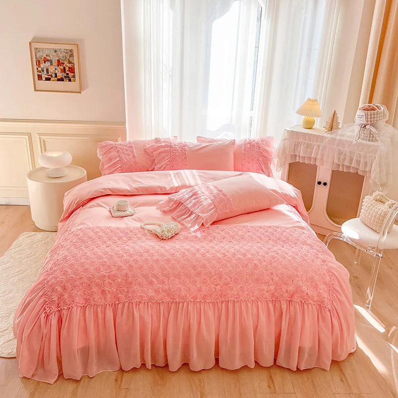Afralia™ Rose Flowers Embroidery Princess Bedding Set - Pure Cotton, Lace Ruffles