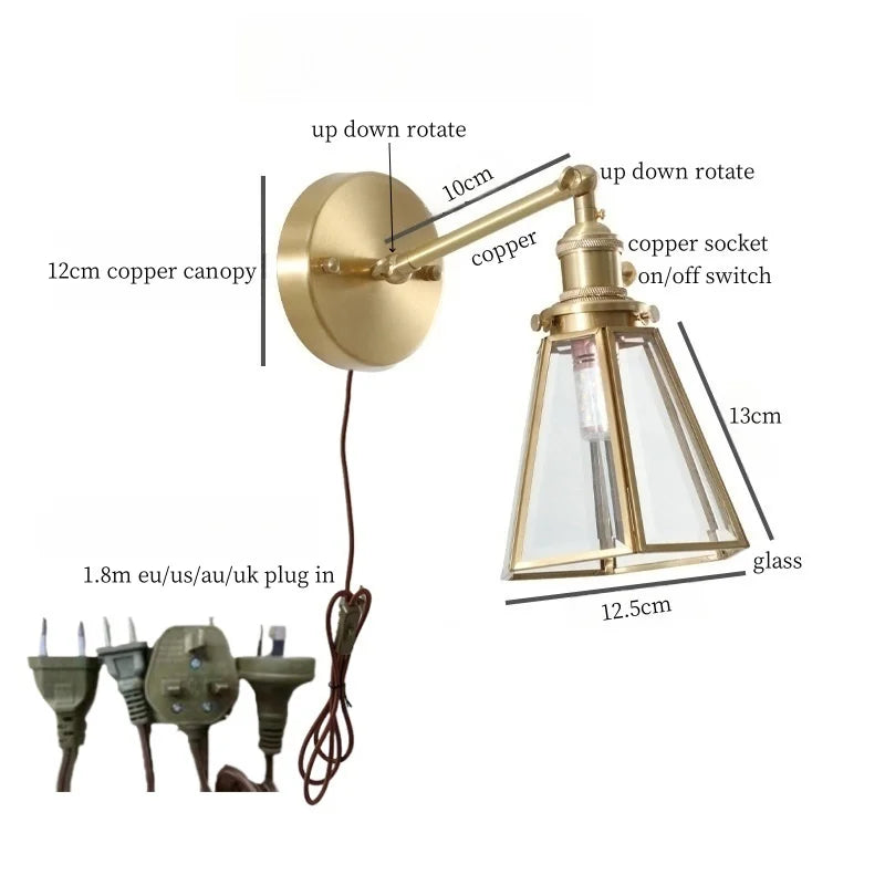Afralia™ Nordic Brass Glass LED Wall Lamp Switch Modern Vintage Sconce Interior Lighting