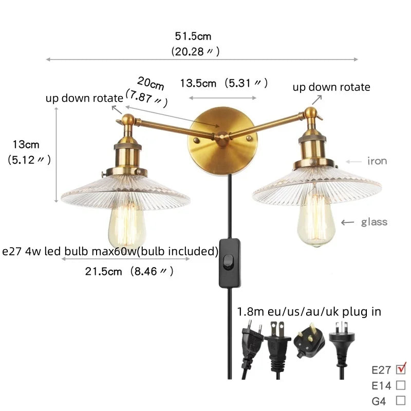 Afralia™ Glass 2-Light Wall Sconce with Pull Chain Switch for Bedroom and Bathroom