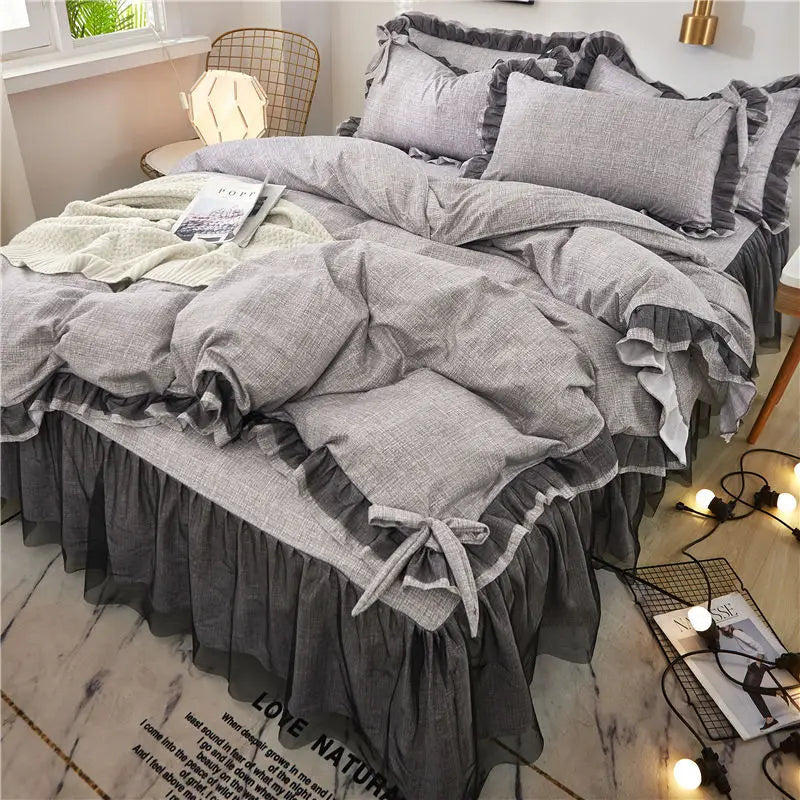 Afralia™ Korean Bed Skirt Set with Ruffled Edges - Solid, Skin-Friendly Bedding Kit