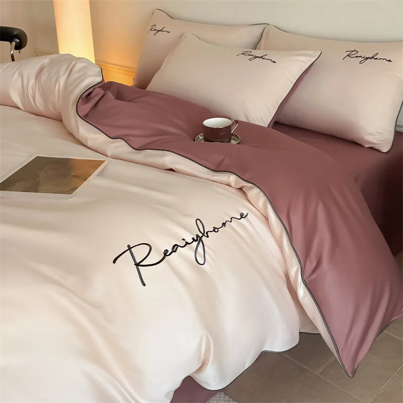 Afralia™ Pure Cotton Luxury Embroidery Bedding Set - Nordic Solid Color Duvet Bedclothes