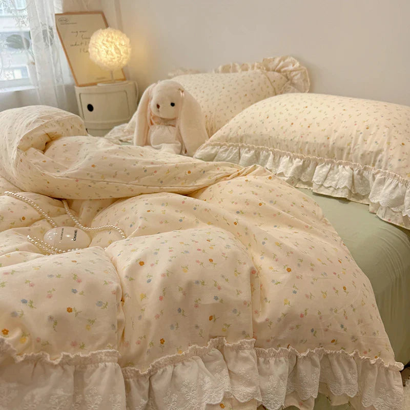 Afralia™ Floral Lace Ruffles Bedding Set in 100% Cotton, Korean Style, Single/Queen/King Size