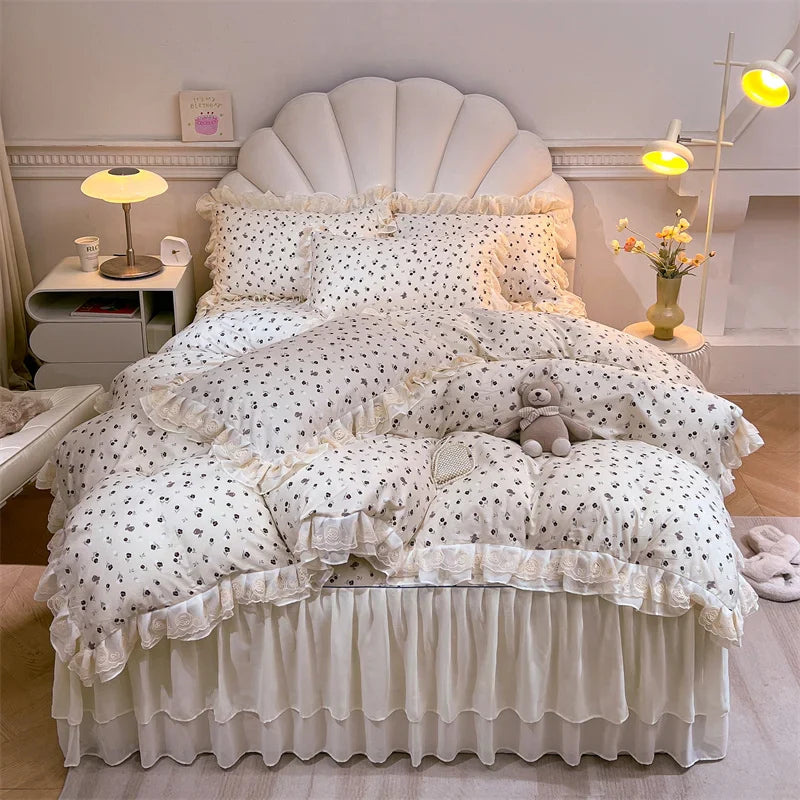 Afralia™ Princess Lace Ruffles Floral Bedding Set with Duvet Cover and Bed Skirt