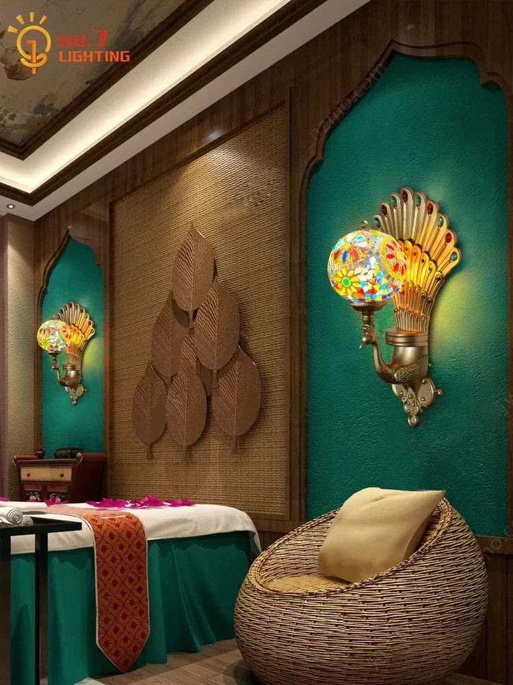 Afralia™ Peacock Tiffany Glass LED Wall Lamp for Bohemian Decor