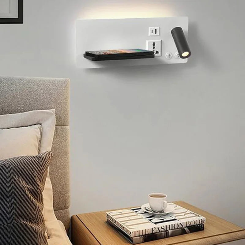 Afralia™ Rotatable LED Wall Lamp with Wireless Charging, USB Port, and Switch