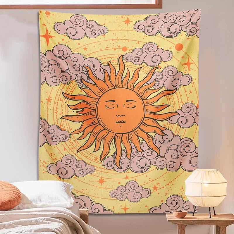 Celestial Sun Moon Tapestry: Vintage Witchy Goddess Print for Retro 70s Vibes by Afralia™