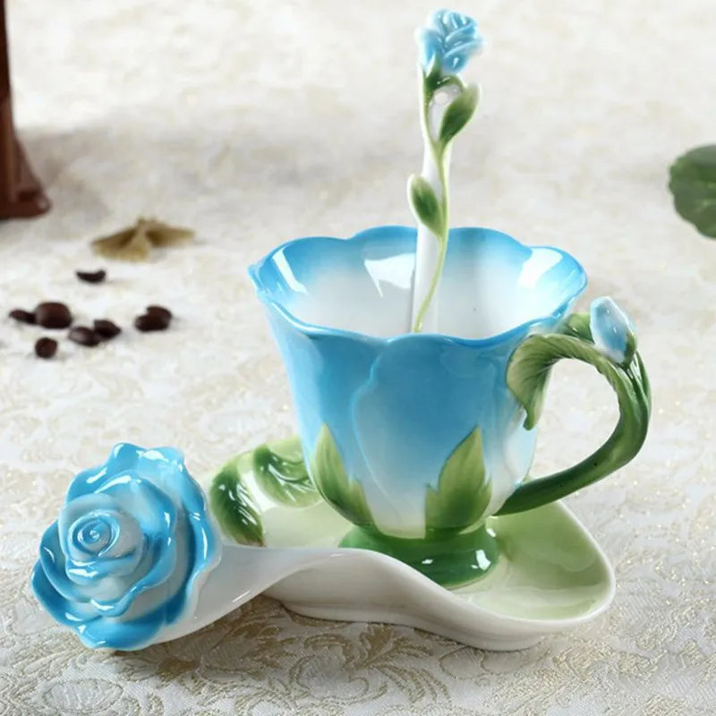 Afralia™ Enamel Rose Peony Floral Coffee Cup Wedding Birthday Gift