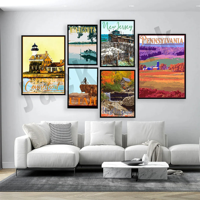 Afralia™ Travel Posters Collection: Utah Idaho Wyoming New Jersey Florida North Carolina Minnesota South Carolina Connecticut