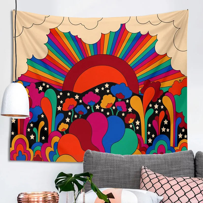 Afralia™ Retro Floral Sun Rainbow Tapestry Wall Hanging - Psychedelic Vintage Dorm Decor