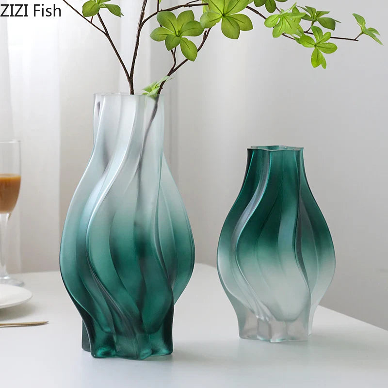Afralia™ Green Ripple Glass Vase with Artificial Flowers for Home Decor