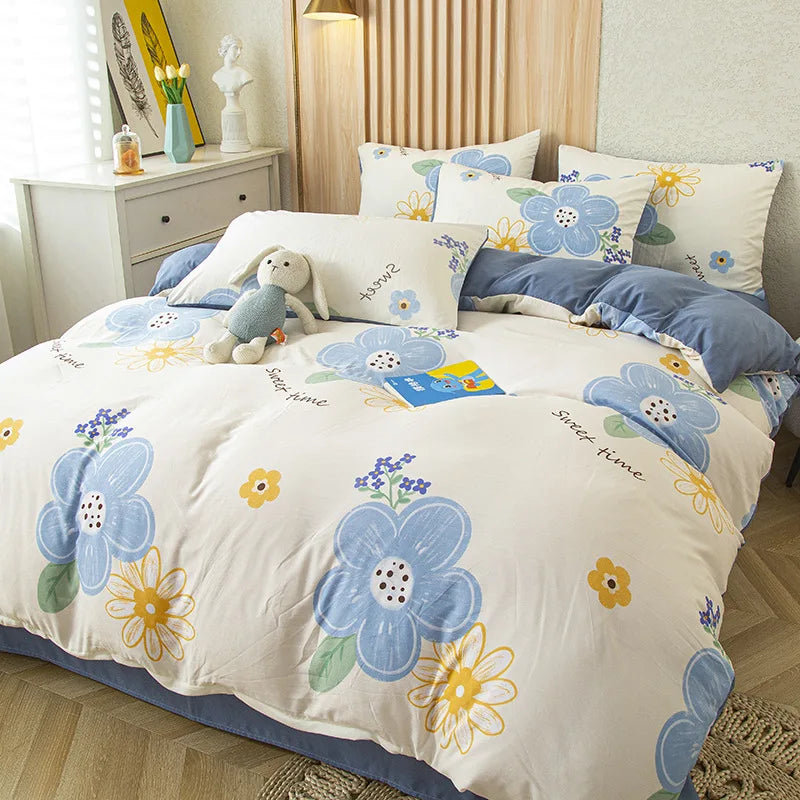 Afralia™ Simple Flower Print 4Pcs Bedding Set - Single Queen Size Girls Boys Bedding