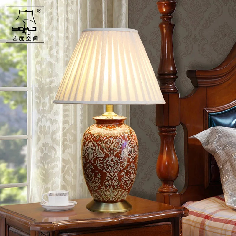 Afralia™ Chinese Style Vintage Red Ceramic Table Lamp for Bedroom Living Room