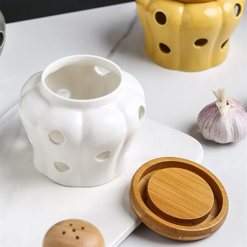 Afralia™ Ceramic Garlic Storage Jar with Lid, Hollow Openwork Design