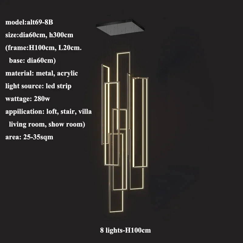 Afralia™ LED Rectangle Staircase Chandeliers Pendant Lighting Modern Living Room Decor
