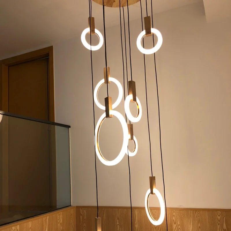 Afralia™ LED Wood Stair Chandelier: Modern Nordic Living Room Ceiling Pendant Lights
