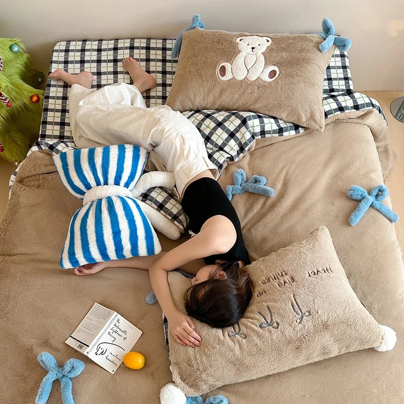 Afralia™ Bow-knot Embroidered Velvet Duvet Bedding Set cozy winter bedding with pillowcase