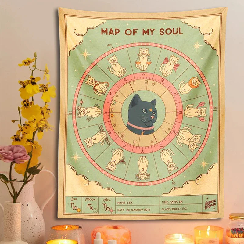 Afralia™ Cat Tapestry Soul Tarot Zodiac Constellation Wheel Retro Boho Living Room Decor