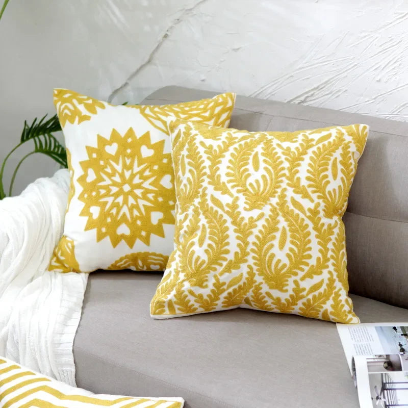 Afralia™ Yellow Geometric Floral Embroidered Canvas Cotton Pillow Cover 45x45cm