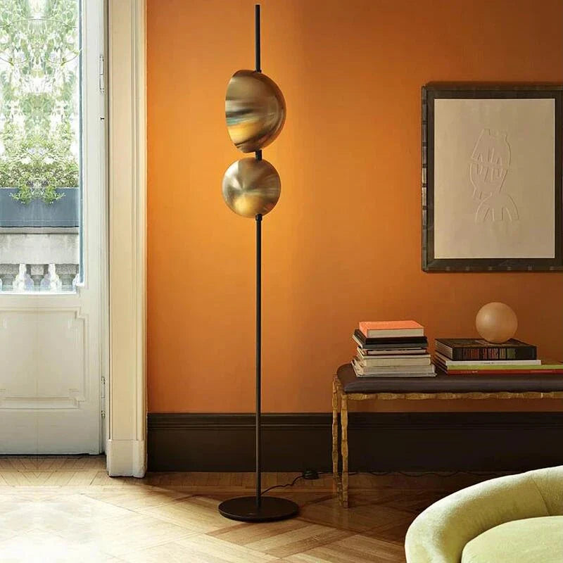 Afralia™ Superluna Double Lampshade LED Floor Lamp - Black Gold Living Room Standing Light