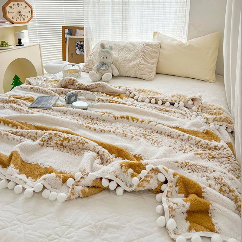 Afralia™ Jacquard Fluffy Ball Lace Blanket | Double Sided Fluff Warm Sofa Cover