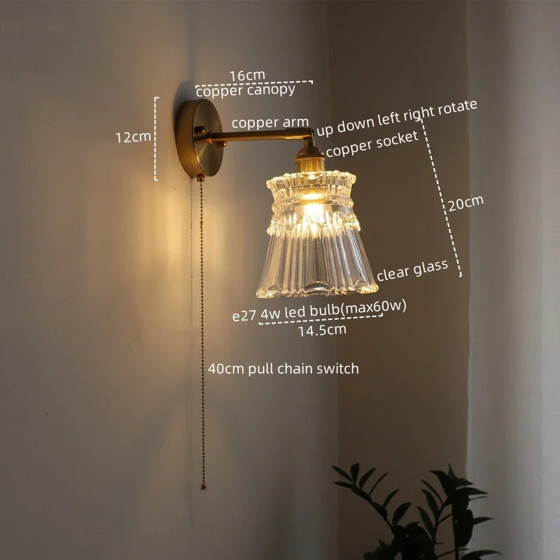 Afralia™ Vintage LED Wall Light Glass Copper Applique Da Parete