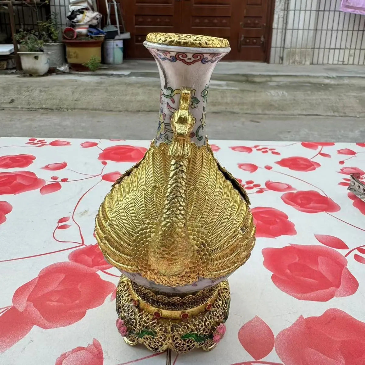 Afralia™ Qianlong Copper Inlaid Pink Flower Pattern Vase
