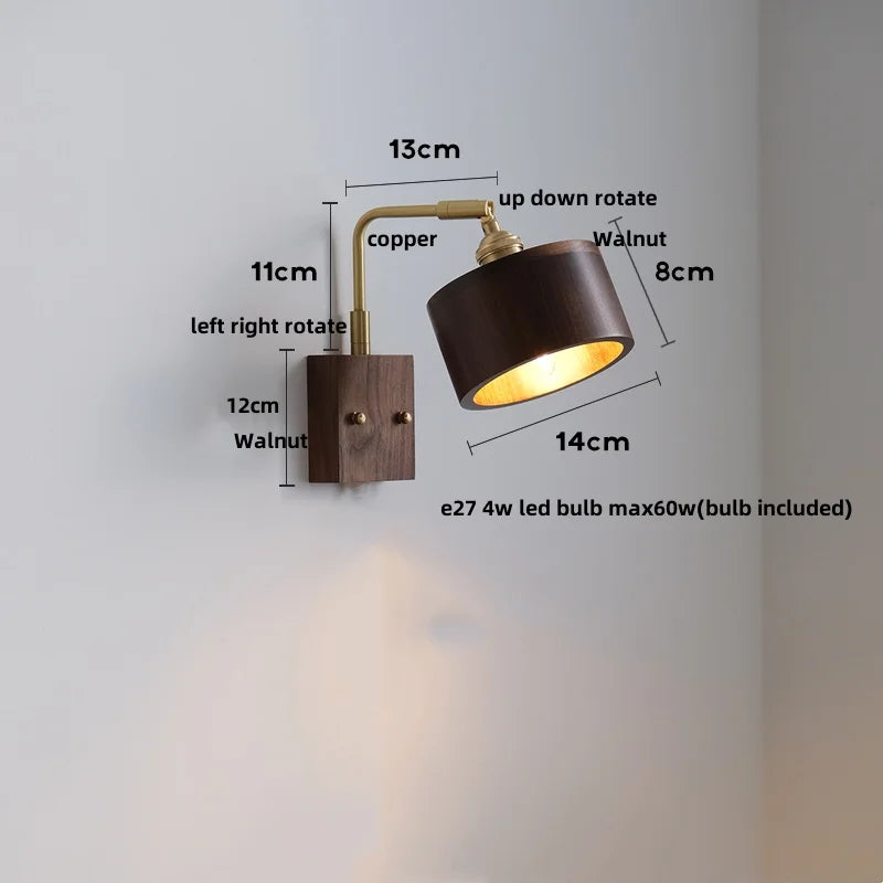 Afralia™ Walnut Wood LED Wall Lamp Sconce with Pull Chain Switch Rotation Mirror Light