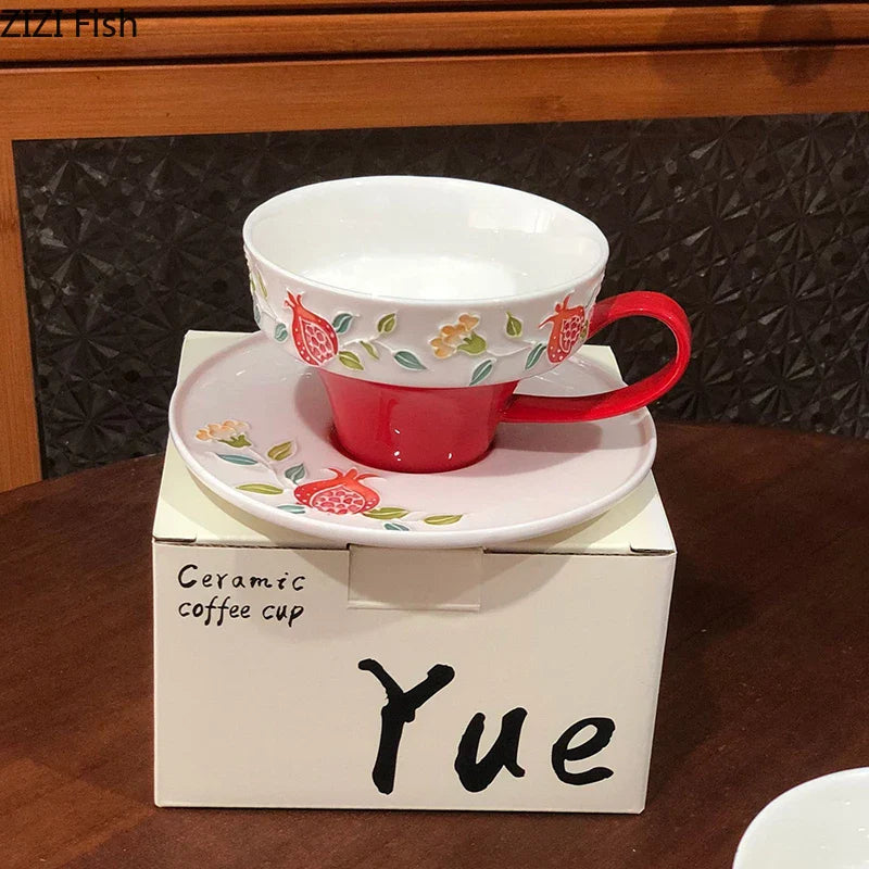 Afralia™ Peony Flower Ceramic Cup & Saucer Set for Dining Table and Coffee, Tea or Juice