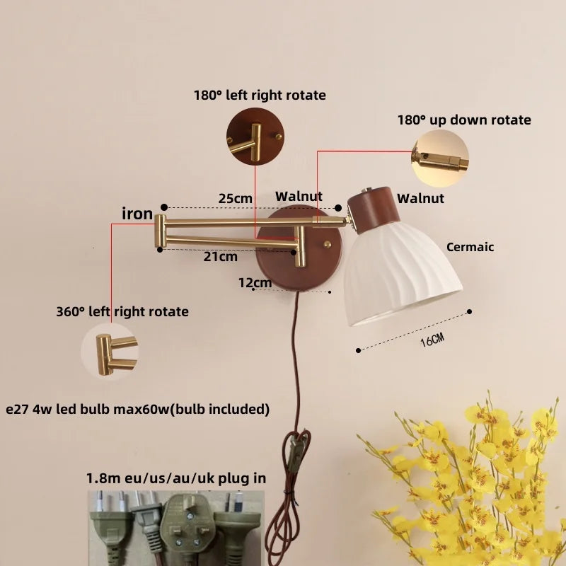 Afralia™ Walnut Wood LED Wall Sconce Pull Chain Switch Stair Light
