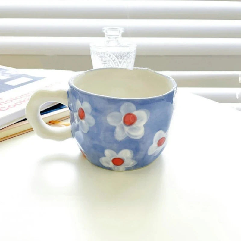 Afralia™ Hand-Painted Irregular Ceramic Coffee Mug Flower Rainbow Design