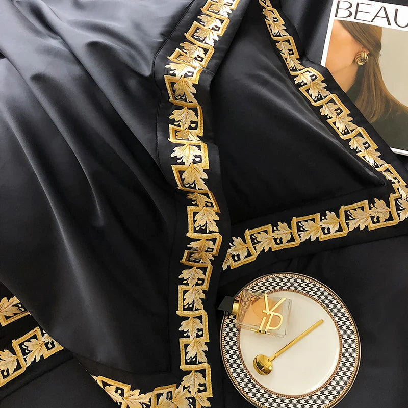 Afralia™ Luxury Black Gold Embroidery Bedding Set - Queen King Size Bed Linen Pillowcases