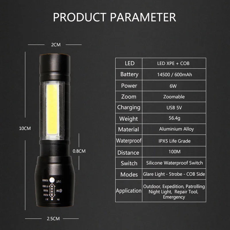 Afralia™ High Lumen Zoomable LED Flashlight with XPE + COB Lamps