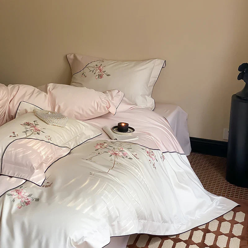 Afralia™ Chinese Flowers Embroidery Luxury Bedding Set - 1000TC Egyptian Cotton Duvet Cover, Flat Sheet, Fitted Sheet, Pillowcases