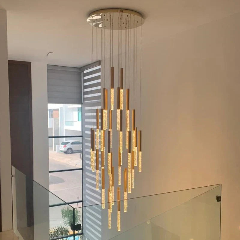 Afralia™ Modern Gold Crystal LED Staircase Chandelier for Large Hallway Lobby Loft