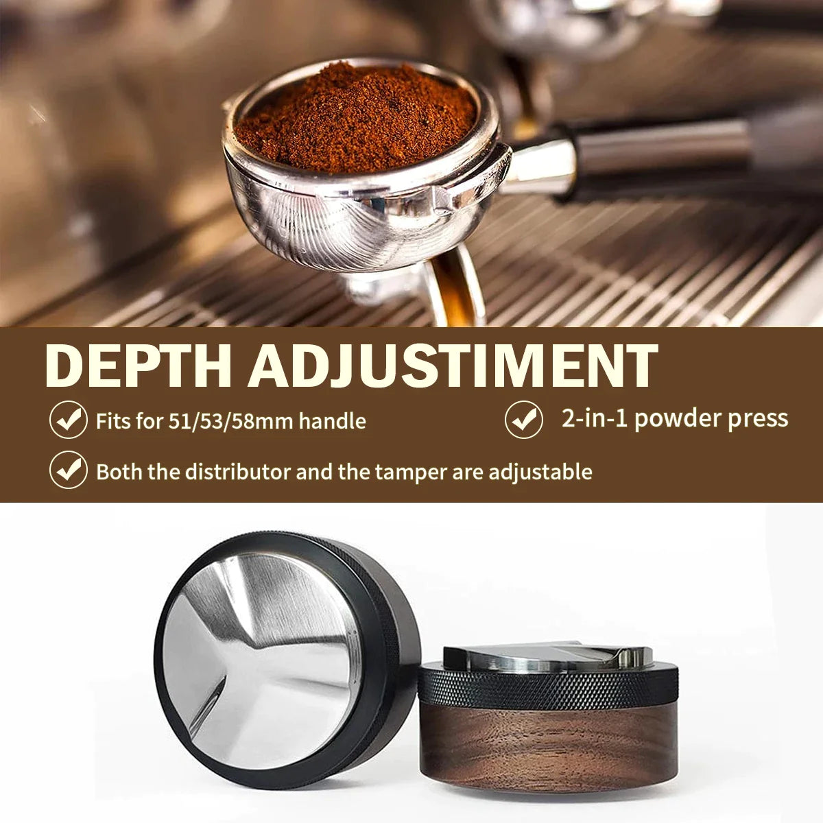 Afralia™ Espresso Distribution Tool & Tamper - Adjustable Depth, Wooden, 51/53/58mm Sizes