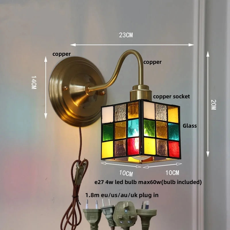 Afralia™ Cube LED Wall Lamp Sconce Living Dining Room Copper Glass Vintage E27 Mirror Light