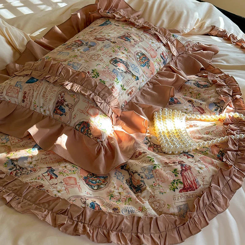 Afralia™ 100% Cotton French Print Lace Ruffles Bedding Set - 4 Piece Bed Sets