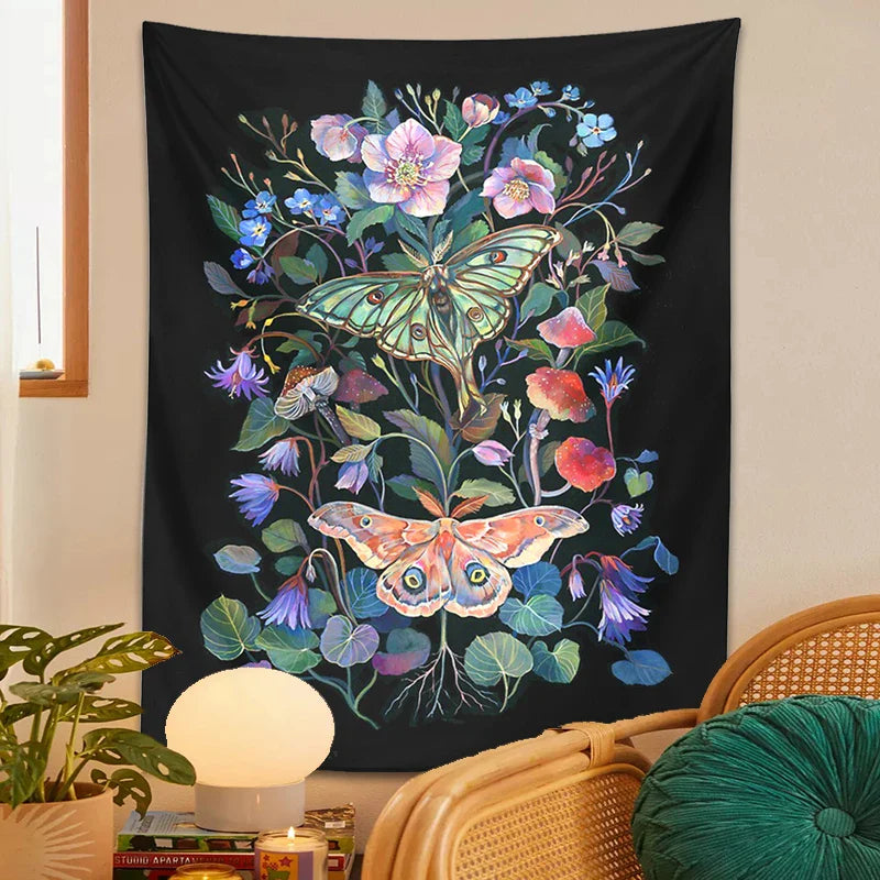 Moon Moth Tapestry Wall Hanging by Afralia™ - Floral Mushroom Witchcraft Wildflowers Dream Decor