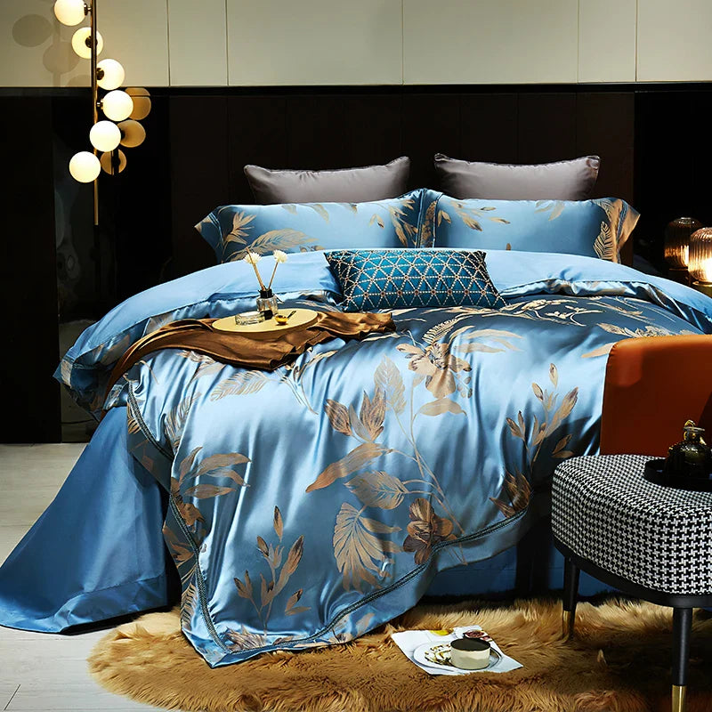 Afralia™ Gold Leaves Jacquard Cotton Bedding Set with Smooth Egyptian Cotton Duvet Cover