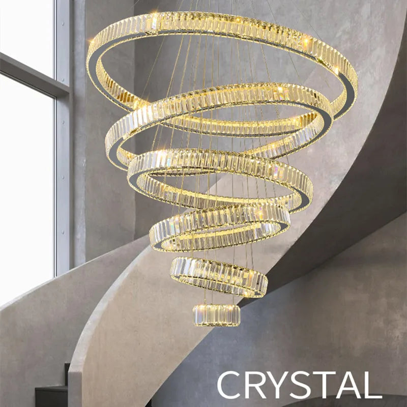 Afralia Crystal Circle LED Chandelier: Dimmable Pendant Lighting for Modern Stairs