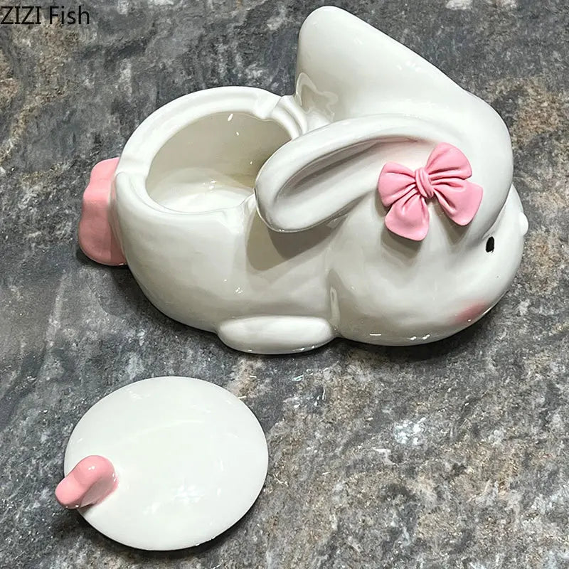 Afralia™ Pink Rabbit Ceramic Ashtray with Lid - Creative Cartoon Desk Decoration