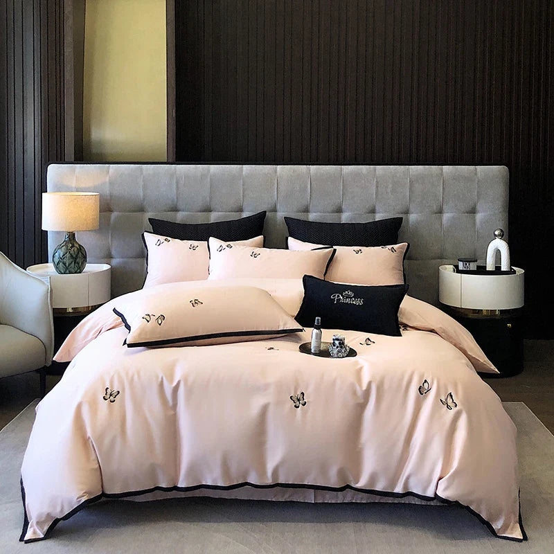 Afralia™ 600TC Egyptian Cotton Butterfly Embroidery Bedding Set: Duvet, Sheet, Pillowcases