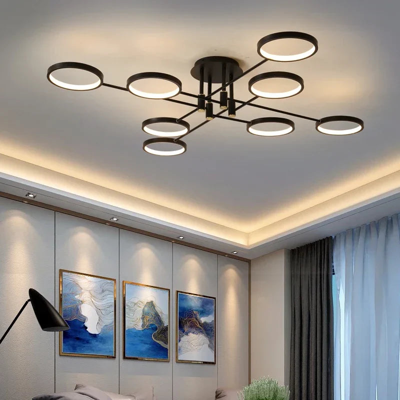 Afralia™ Modern LED Chandelier Black Aluminum Ceiling Light with Remote Control