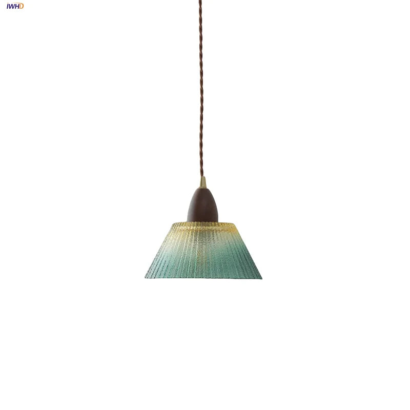 Afralia™ Walnut Wood LED Pendant Lamp Green Glass Modern Interior Hanging Light